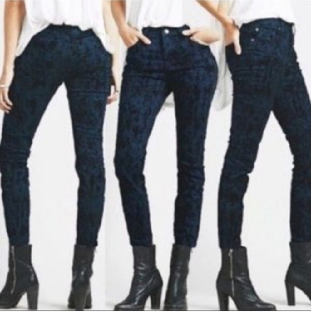 Free People Jacquard Copperhead Flocked Skinny Jeans Pants In Indigo Size 25